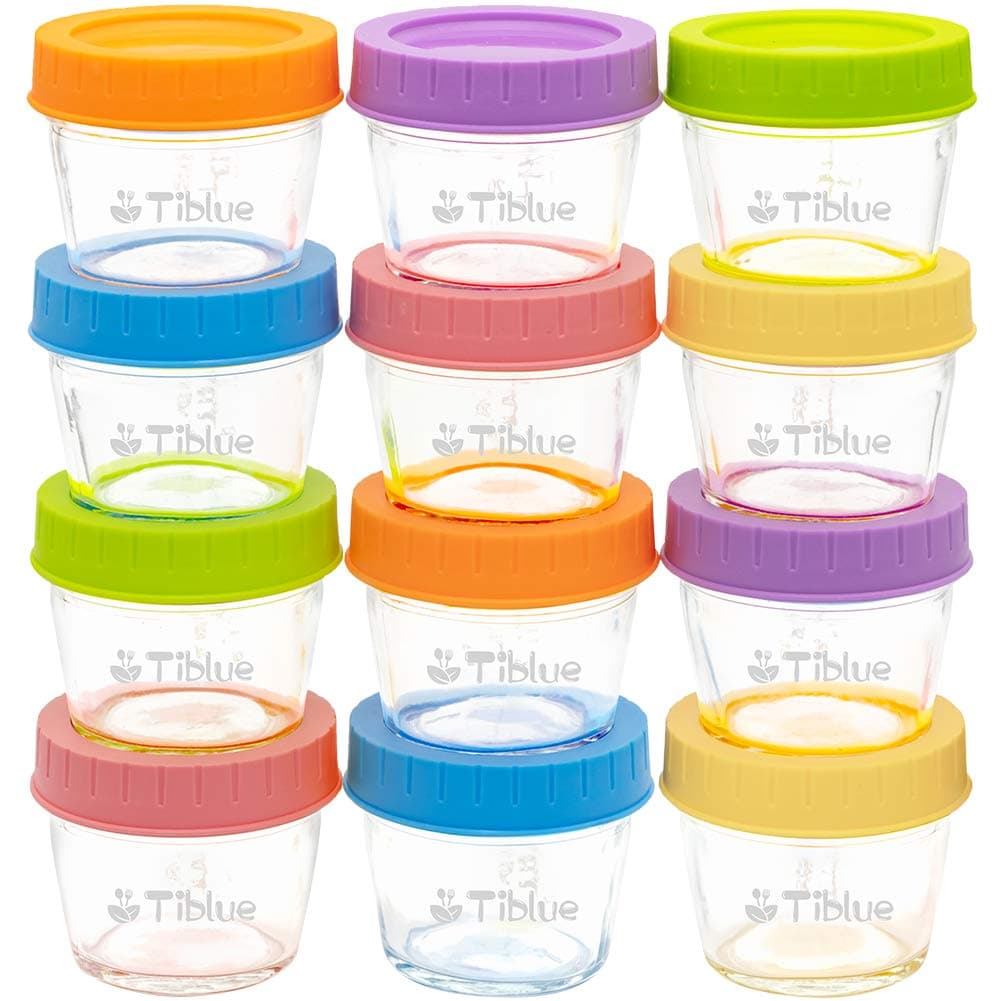 Glass Baby Food Storage Containers Set of 12, Leakproof 4 oz Reusable Small Baby Food Jars with Lids & Marker for Infant & Baby, Freezer, Microwave & Dishwasher Safe