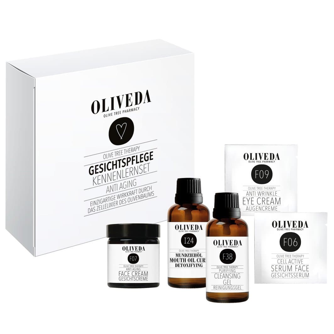 Oliveda Facial Care Starter Set - Natural Cosmetics with Face Serum, Face Cream, Eye Cream, Cleansing Gel and Mouth Brush Oil