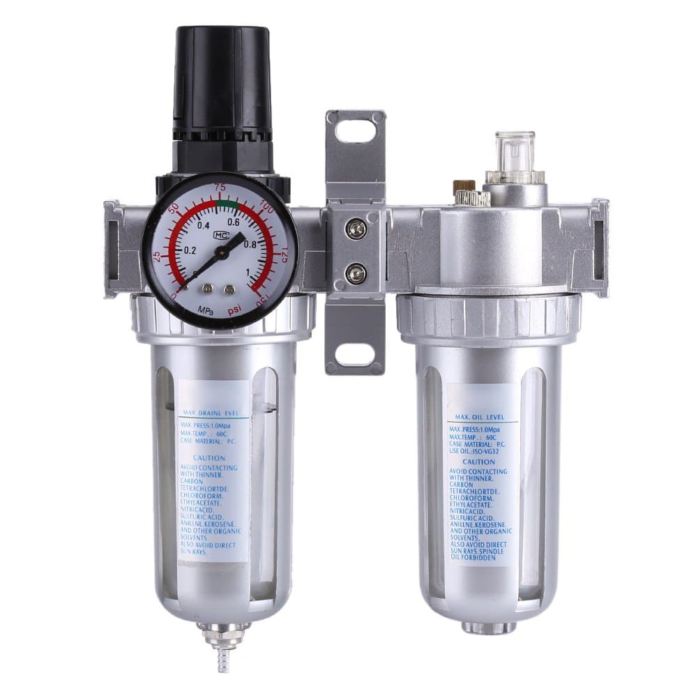 Air Regulator Filter with Gauge, SFC300 3/8'' Aluminum Alloy Compressed Air Pressure Regulator Compressor, Oil-Water Trap Separator Moisture Lubricator Trap Water Filter Cleaner Tool(Silver)