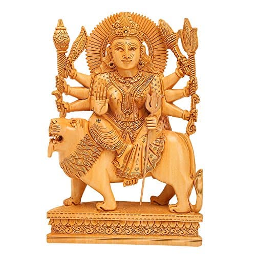shivika enterprises Wooden Handcarved Goddess Durga Lion Symbol Of Power Idol Statue (5X16X25 Cm, Brown)