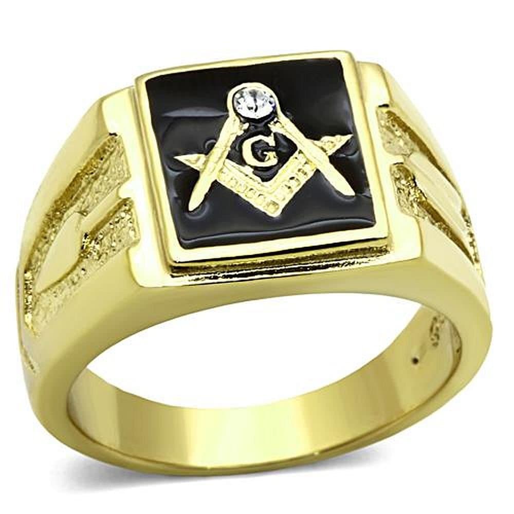 Stainless Steel Masonic Free Mason Lodge Crystal Gold Electroplated Black Square Ring Sizes 8,9,10,11,12 & 13