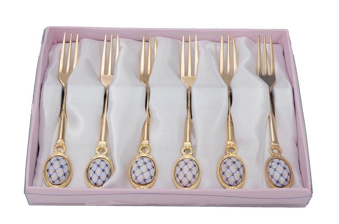 6pc Gold-Plated Lomonosov Ornament Cobalt Net Forks Set, Dessert Silverware Vintage Set