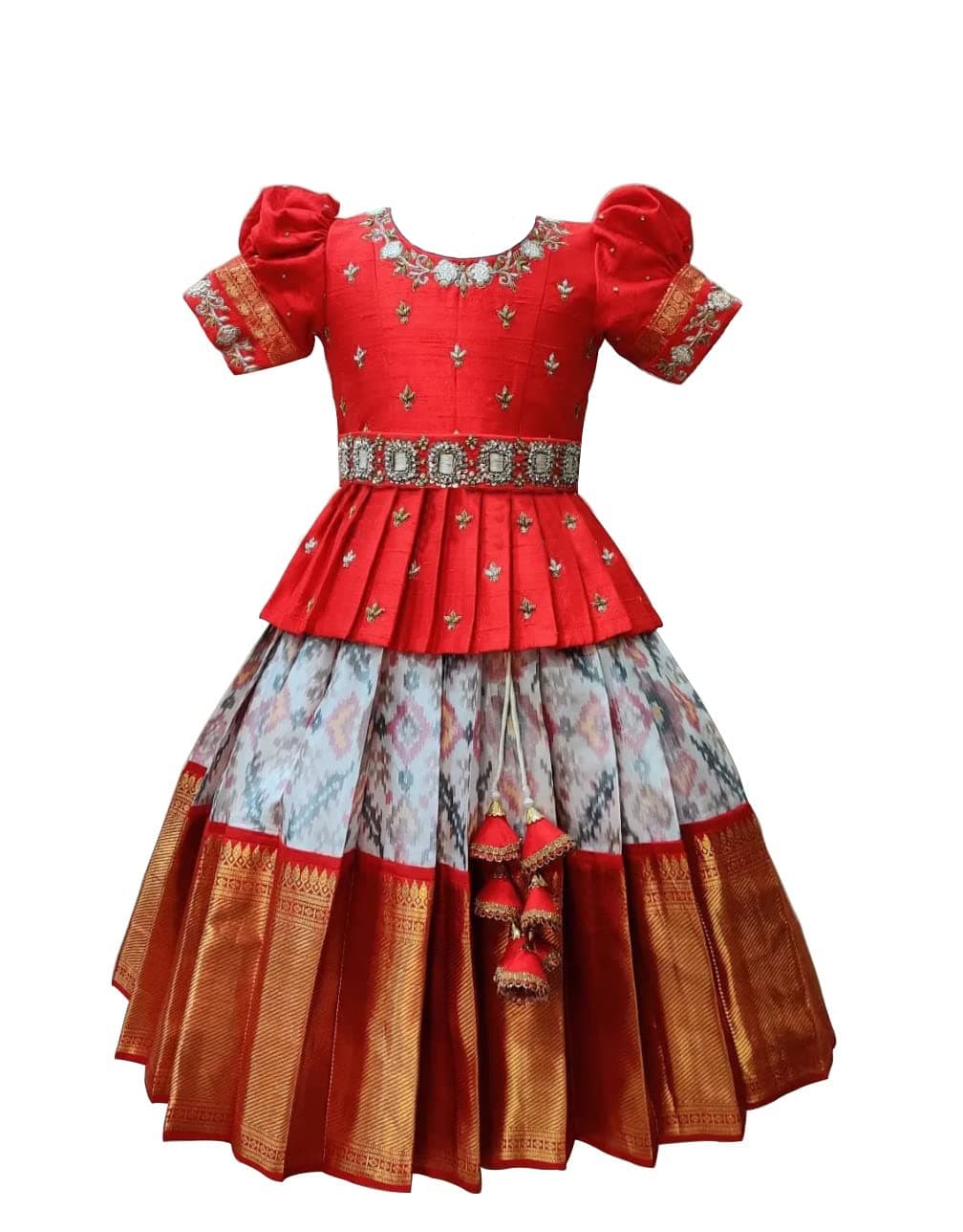 Girls Polyester Blend Traditional South Indian Pattu Pavadai Jecquard Lehenga Choli Dress