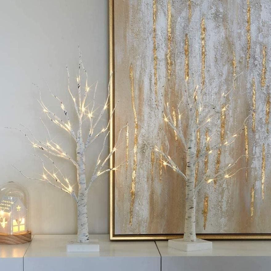 PEIDUO Set of 2 Interactive Lighted Birch Tree 2Ft Tabletop Birch Christmas Tree with Lights 24 Warm White LED Birch Tree Branches for Home Room Party Festival Wedding Christmas Decorations