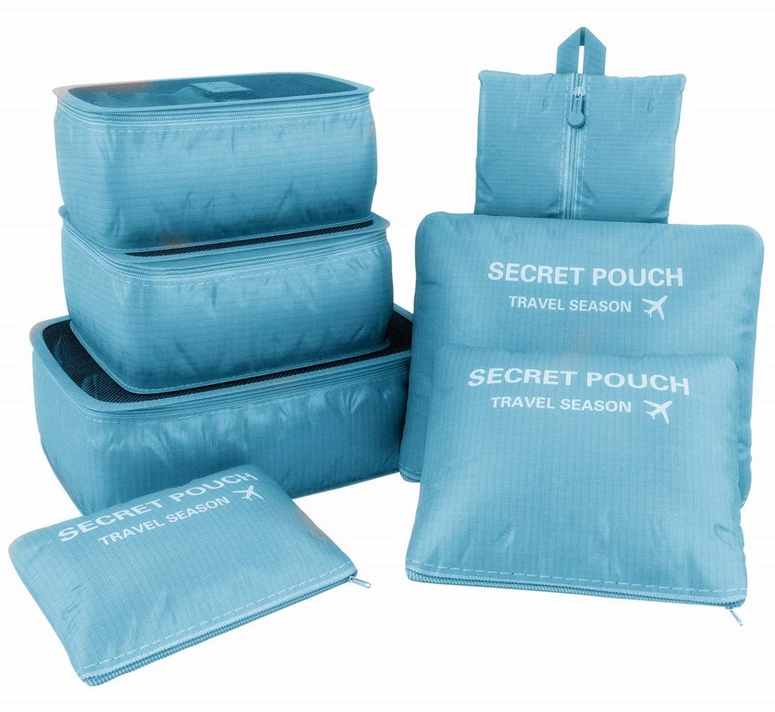 VAYEEBO7Pcs Travel Bags Clothes Packing Cube Luggage Organizer with Shoes Bag (Light blue)