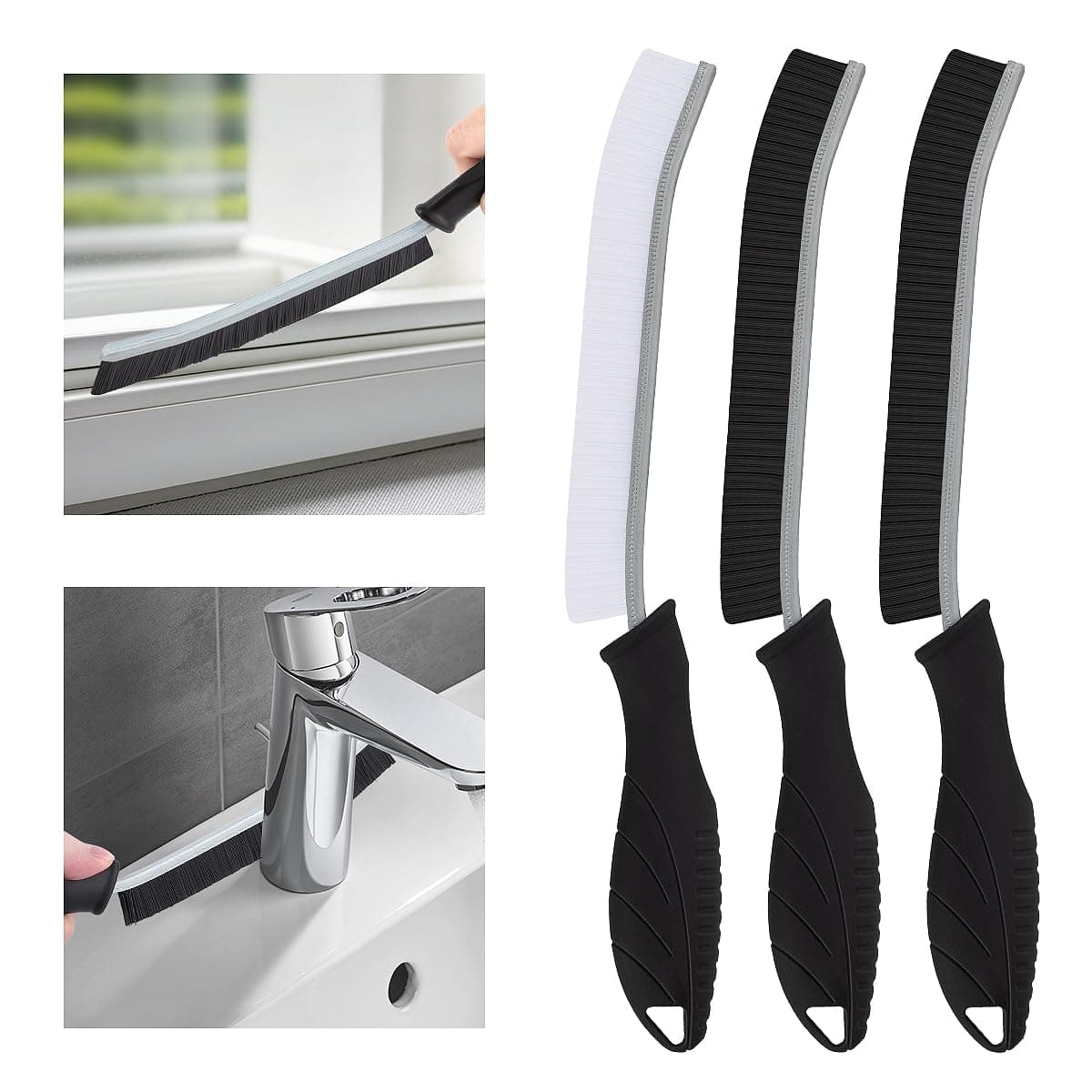 3Pcs Hard Bristle Crevice Cleaning Brush, Scrub Brush, Kitchen Sink Cleaning Brush, Grout Brush, Corner Brush Cleaning Tools for Toilet, Bathroom, Gap, Home, Household, Window (3, Black)