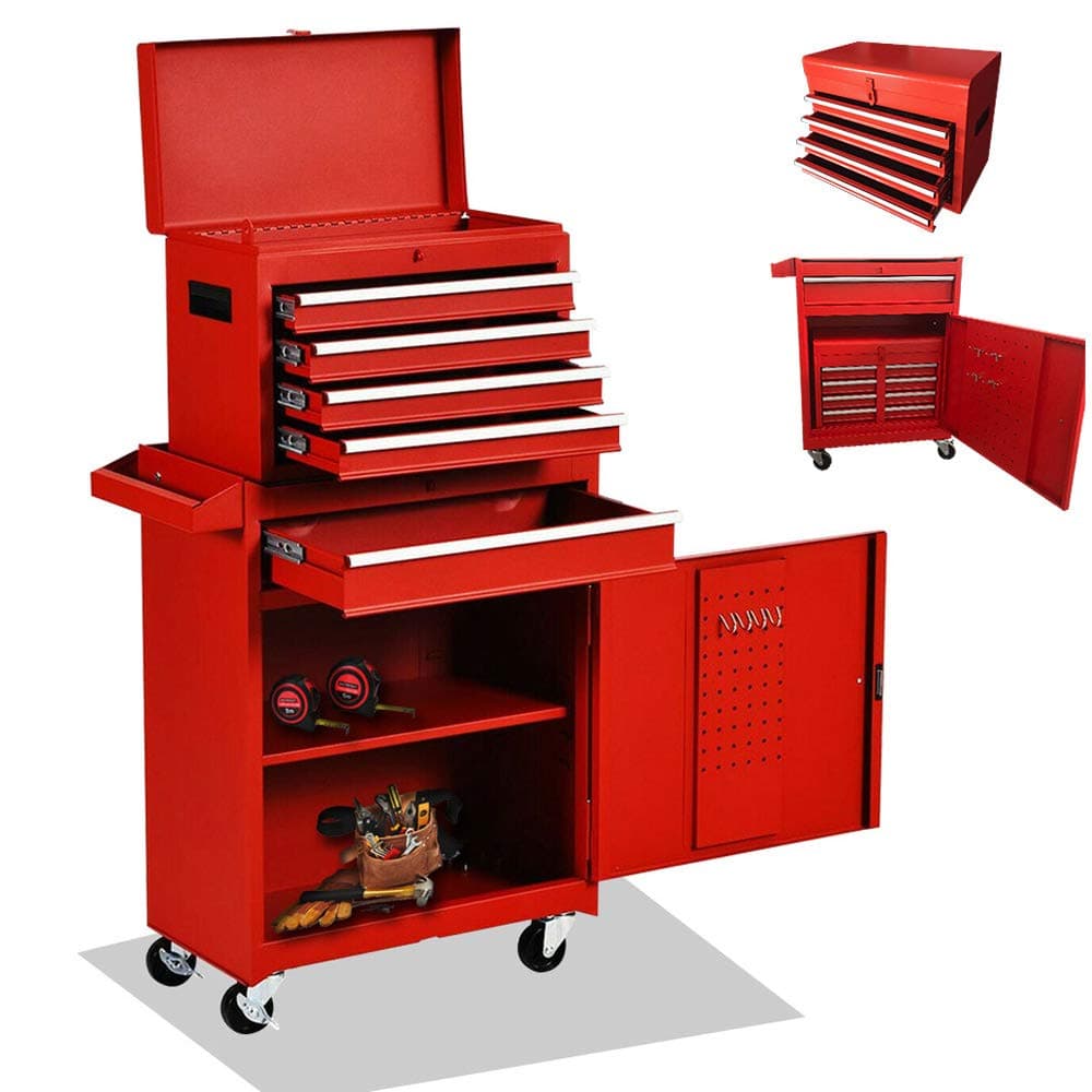 5-Drawer Tool box Tool Chest, High Capacity Rolling Tool box Tool Storage Tool Cabinet Large Big Toolbox 2 in 1 Tool Organizer with 4 Wheels and Lockable Drawers,Garage Warehouse (red)