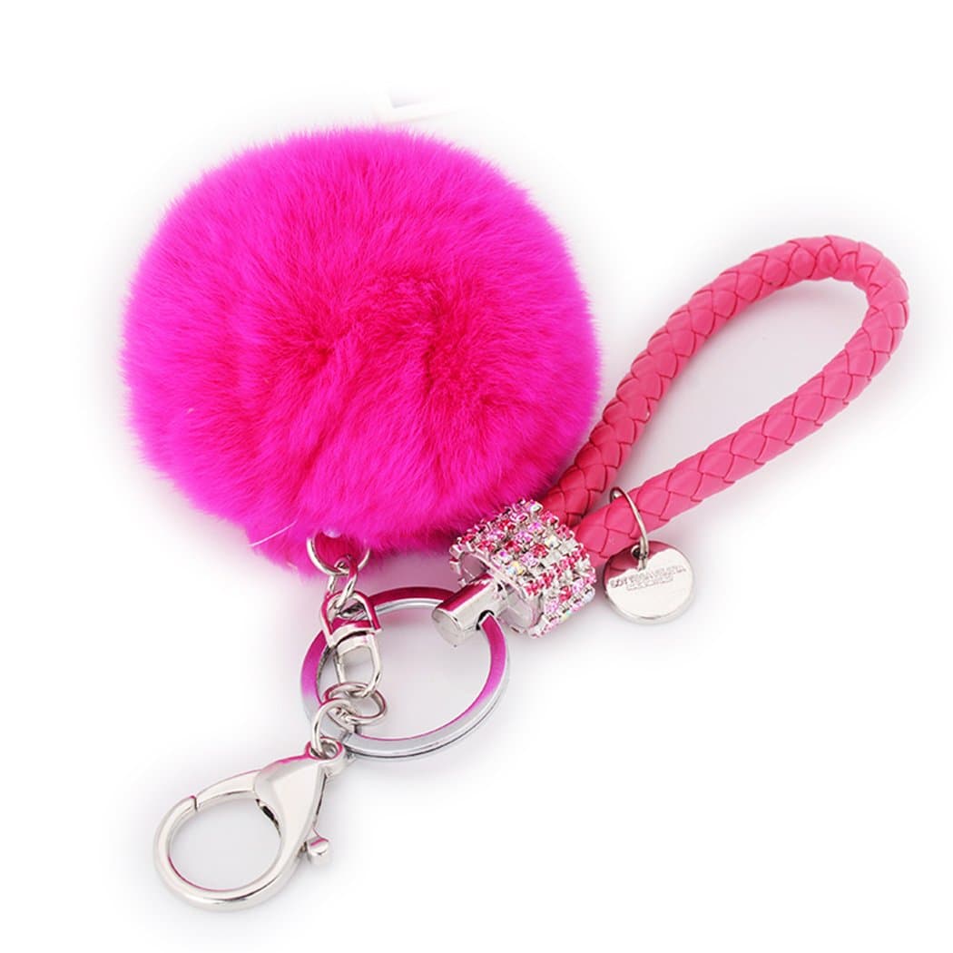 Sweet Home Faux Fur Ball Keyring Rhinestone BV Braided Leather Strap Car Key Chain Charm Rose Red