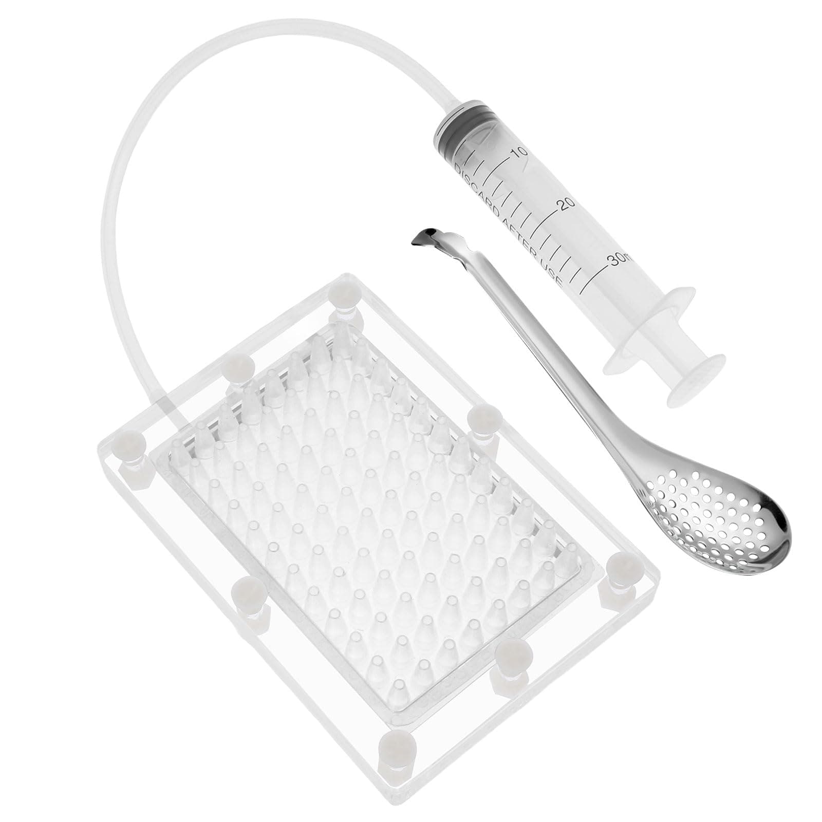 Caviar Maker Box, Spherification Dropper, Molecular Gastronomy Kit, 96 Holes Roe Sauce Dispenser Strainer Tools with Spoon and Syringe, Rapid Caviar Maker Kit for Home