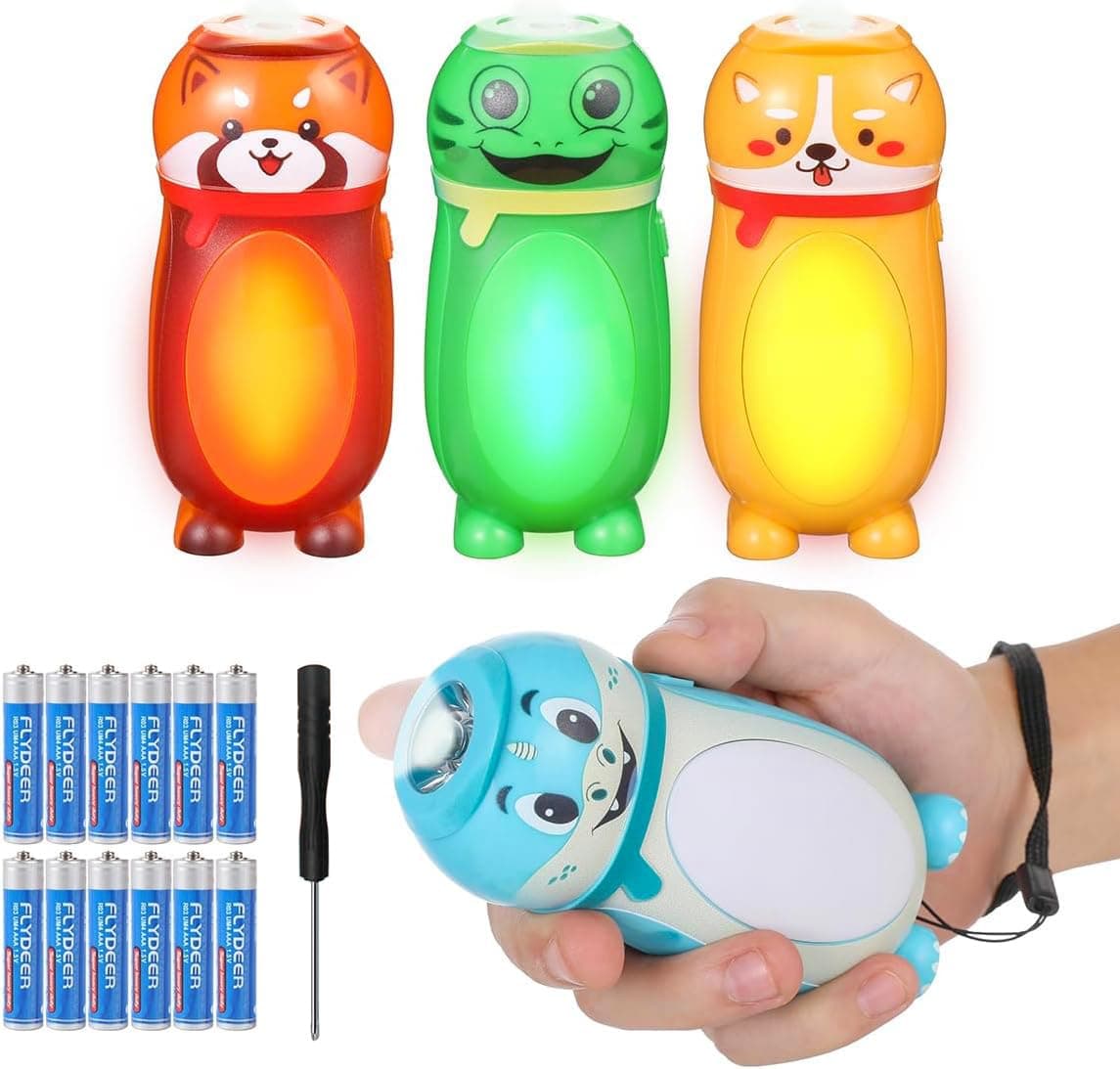4 Pack Small Mini LED Flashlights for Kids Toddlers- Cute Small Animal Flashlight - 2 in 1 Camping Lantern Flashlight - Christmas Gifts Stocking Stuffers for Girls Boys Party Favors