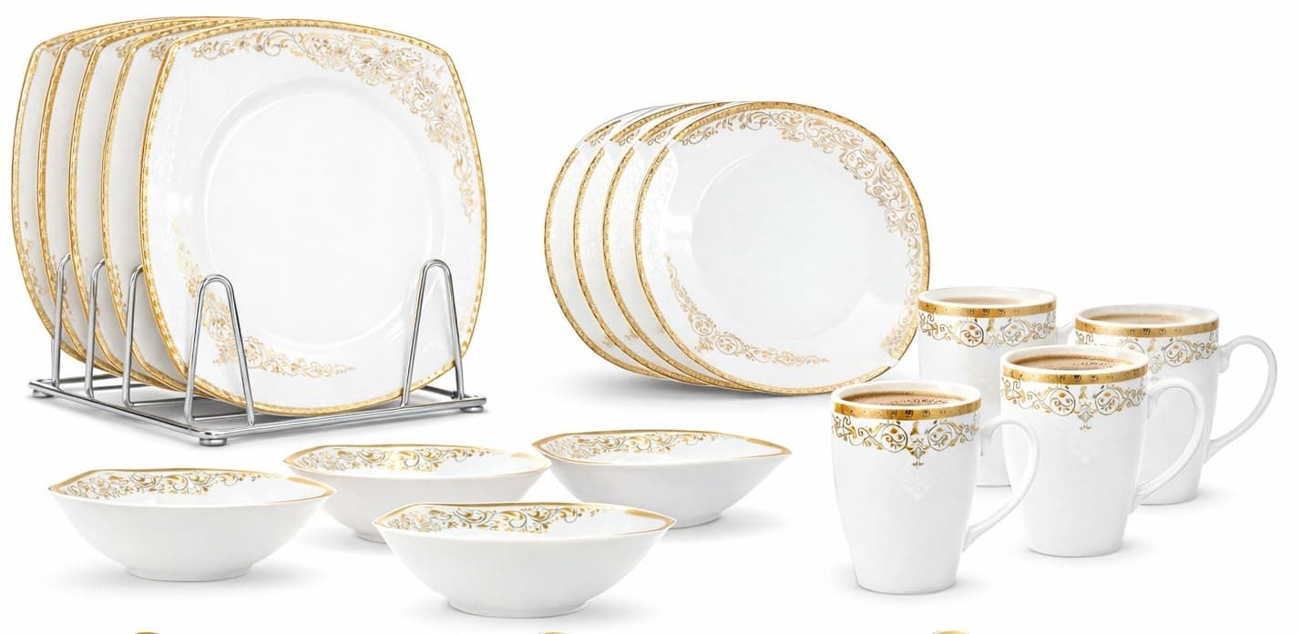 Royal 16-Piece Square Porcelain Dinner Set for 4– 4 Dinner Plates and Bowls Set 4 Side Plates & Mugs, Dishwasher Safe, Highly Resistant Dinnerware, Kitchen & Dining - Vintage Donya - Gold