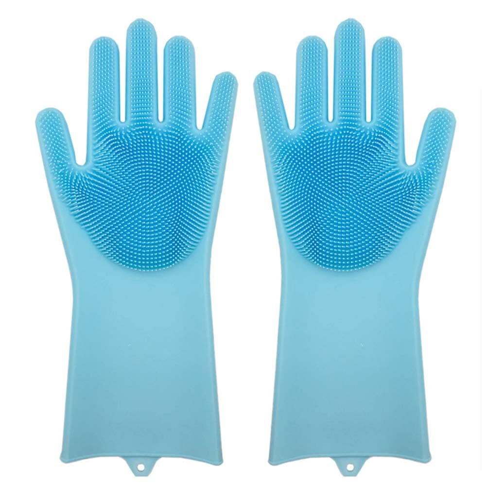 Magic Saksak Reusable Silicone Gloves with Wash Scrubber (13.6" Large, 1Pair), Heat Resistant, for Cleaning, Household, Dish Washing, Washing The Car (Blue)