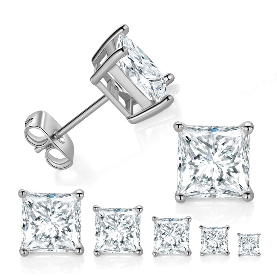 5 Pairs 14K Gold Plated Princess Cut Clear Cubic Zirconia Stud Earring Set for Women Men