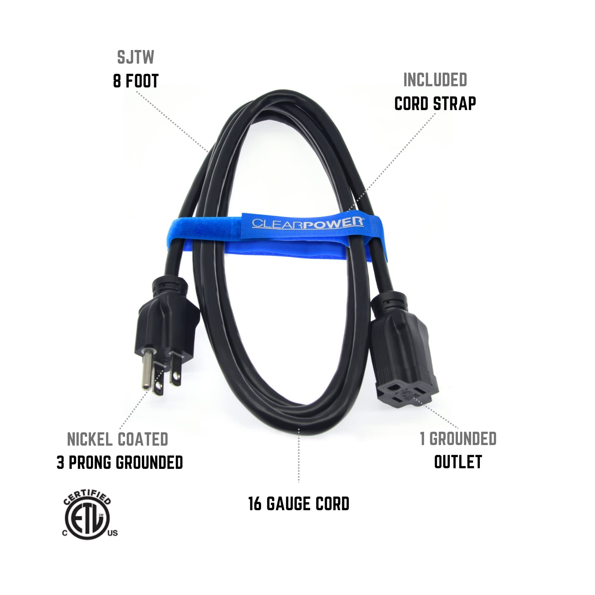 Clear Power 8 ft Indoor/Outdoor Extension Cord 16/3 SJTW, Black, Water & Weather Resistant, Flame Retardant, 3 Prong Grounded Plug, CP10122