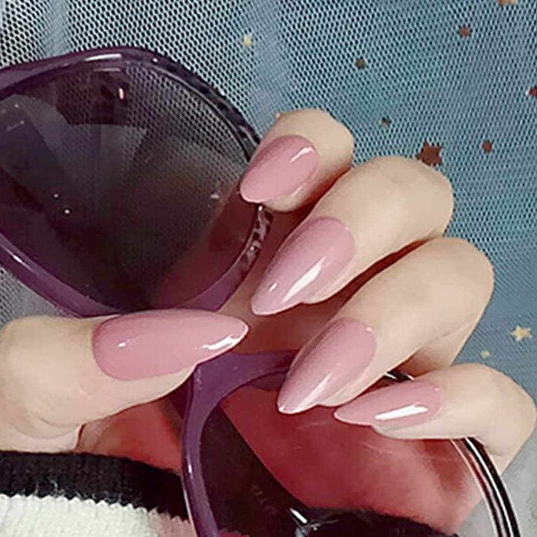 Brishow Coffin False Nails Pink Long Fake Nails Pointed Acrylic Salon Quality Full Cover Stick on Nails for Women and Girls