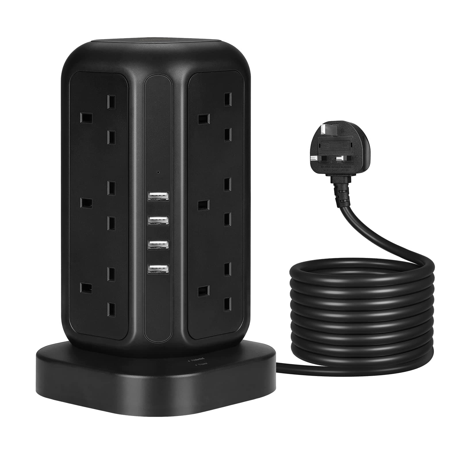 DEWENWILSTower Extension Lead with USB Slots, 2M Extension Cable with 12 Sockets, 4 USB, Overload Protected Power Strip, Black