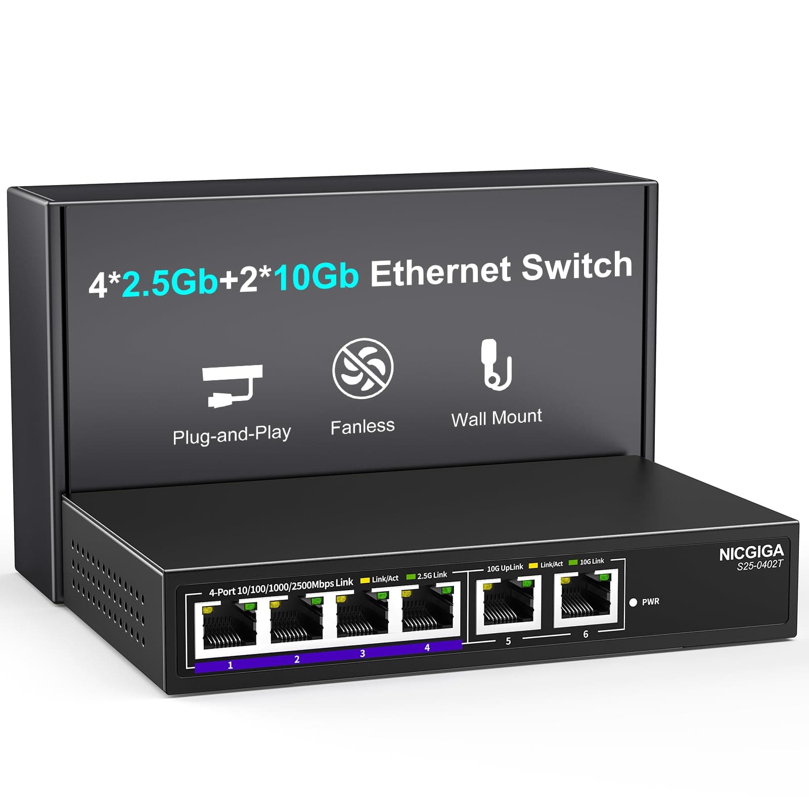 10Gbe Ethernet Switch Unmanaged with 2 x 10Gb RJ45 Ports ➕ 4 x 2.5Gb Base-T Ports, Desktop/Wall Mount NICGIGA 6 Port 10Gbps Network Switch for Wireless AP, NAS, PC