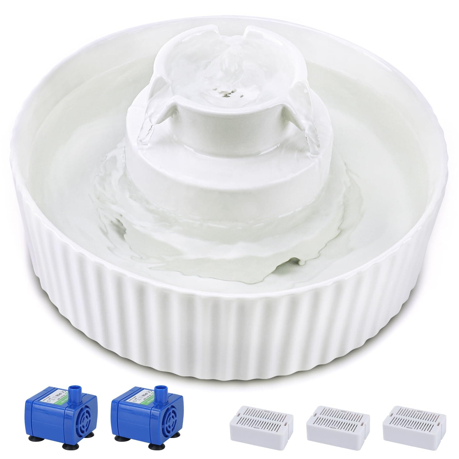 Ceramic Cat Water Fountain, 2.1L/71oz Cat Fountain with 3 Carbon Filters and 2 Quiet Pumps, Cupcake Pet Water Dispenser for Cats and Dogs (White)