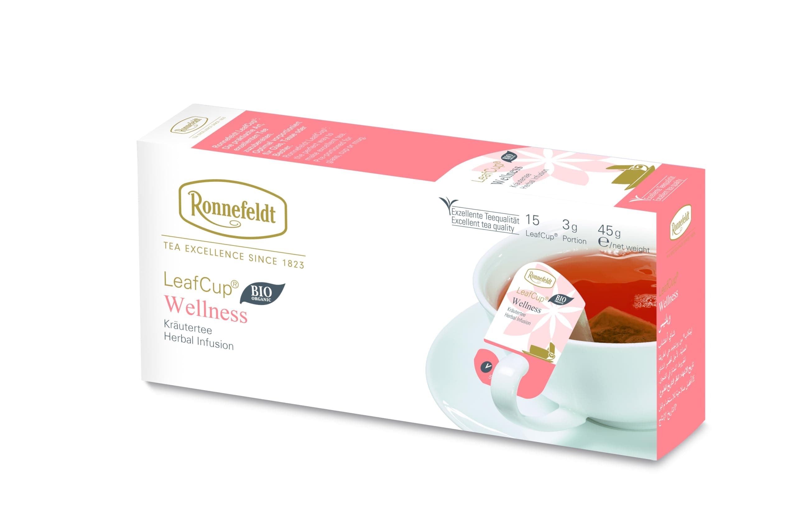 Ronnefeldt LeafCup Wellness - Herbal Infusion Tea Loose Leaf, 15 Individually Wrapped Tea Bags with Cardboard Tag to Hook on Cup, Caffeine Free South African Rooibos Tea with with Herbs