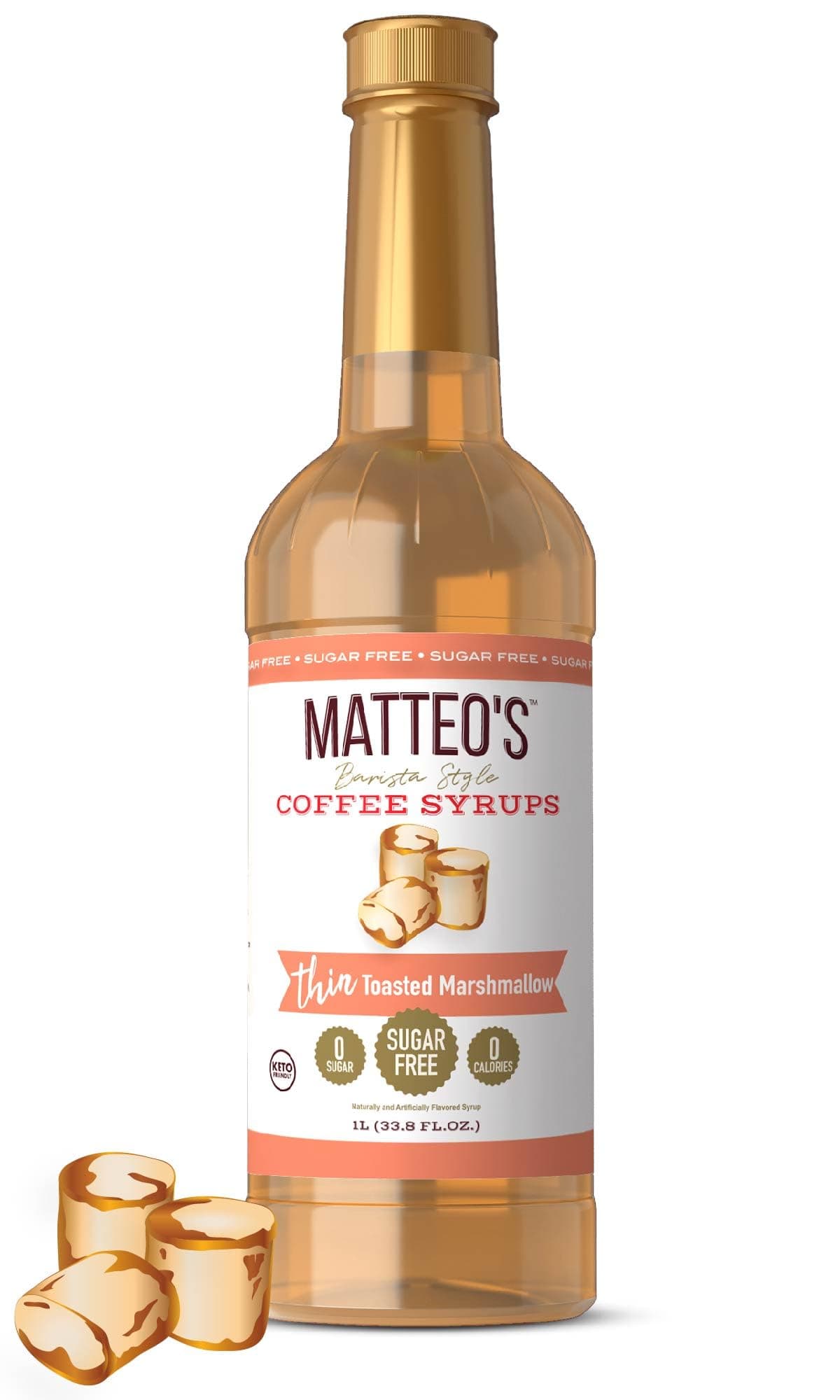 Matteo's Barista Style Sugar-Free Coffee Syrup, Toasted Marshmallow Flavor, Zero Calories and Sugar, Keto Friendly, Ideal for Lattes, Cappuccinos, Espresso, Americano, Indulgent Taste 33.8 Oz, 1-Pack