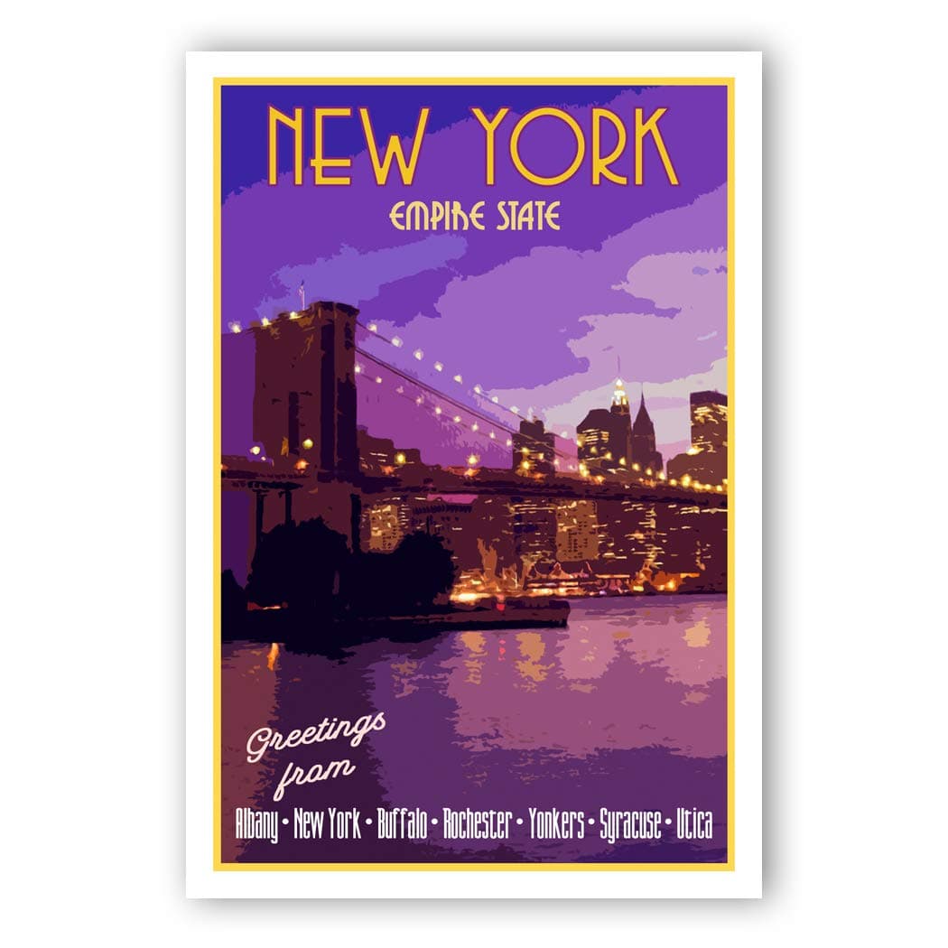 NEW YORK TRAVEL POSTER postcard set of 20 identical postcards. NY state vintage style travel poster post cards. Made in USA.