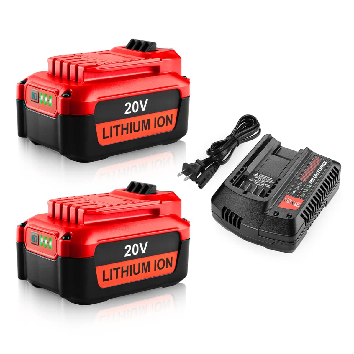 2Pack Replace 6.0Ah V20 Battery and Fast Charger for Craftsman CMCB104 Compatible with Craftsman 20V Max Battery CMCB202 CMCB204 CMCB206 CMCB201 CMCB100 CMCB124 Power Tool Drill Charger