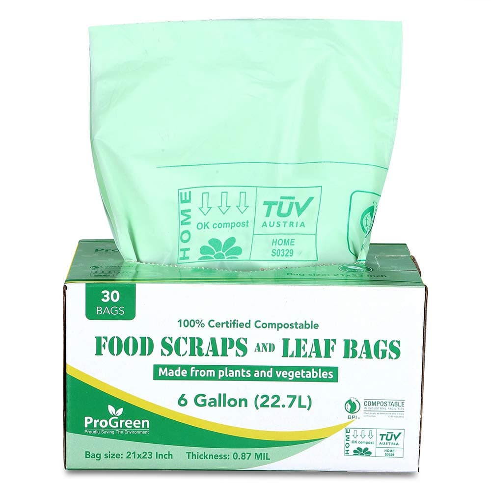 ProGreenCompostable Bags 6 Gallon, Extra Thick 0.87 Mil, 30 Count, Small Kitchen Compost Trash Bags, Food Scraps Yard Waste Bags, Compost ASTM D6400 BPI And TÜV AUSTRIA Certified