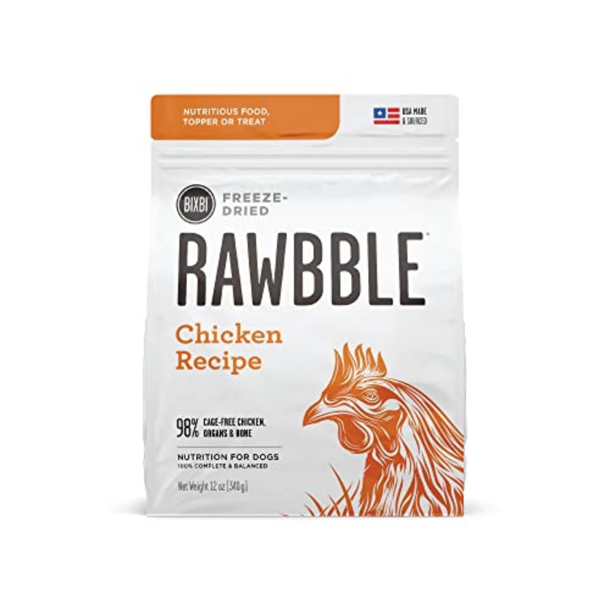 BIXBI Rawbble Freeze Dried Dog Food, Chicken Recipe, 12 oz - 98% Meat and Organs, No Fillers - Pantry-Friendly Raw Dog Food for Meal, Treat or Food Topper - USA Made in Small Batches