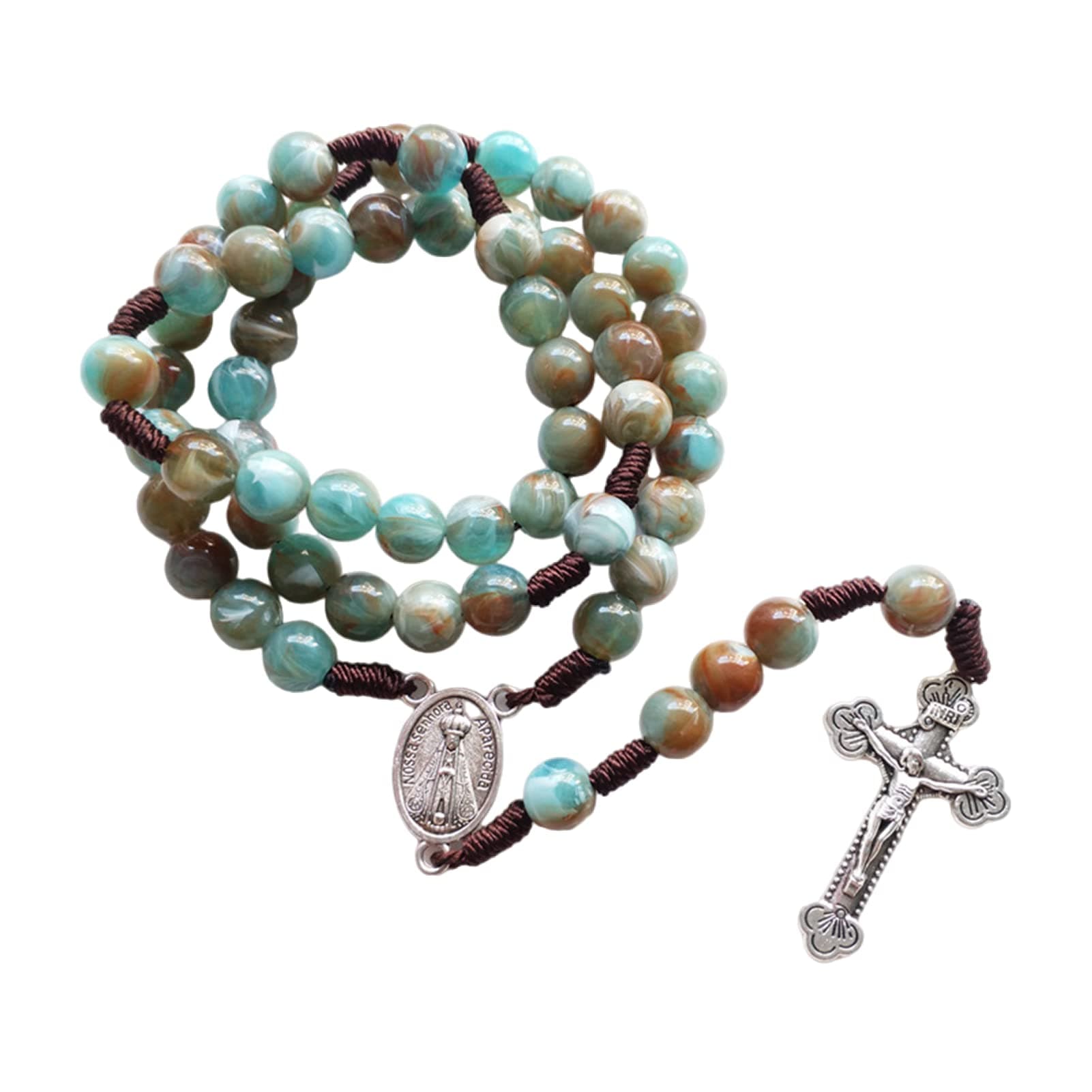 Blue 10mm Acrylic Beads Brown Rope Cording Catholic Rosary with Antique Silver Plated Saint Christopher Center and Crucifix Pendant