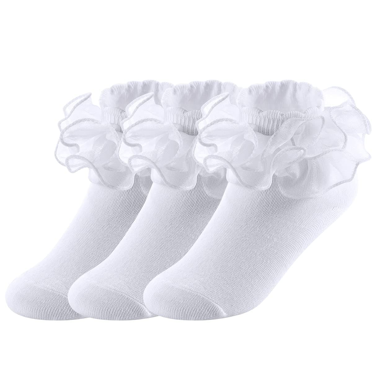 YepamiBig Girls Lace Socks Shimmering Cute Ruffle Comfortable Frilly Dress Ankle Socks 3 Pairs
