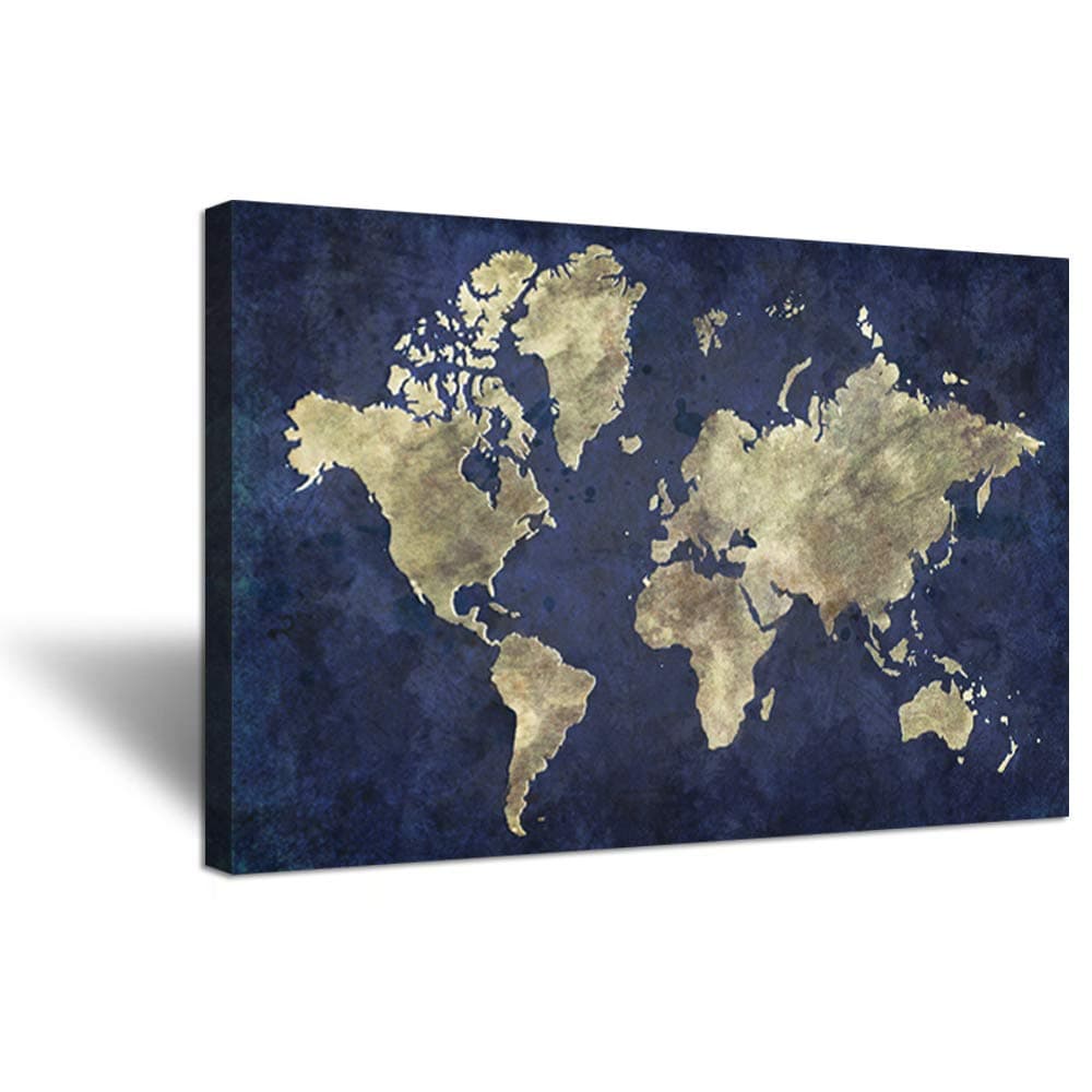 Hello Artwork Large Size Navy Blue World Map Canvas Wall Art The Picture Vintage Style Globe Earth World Geography Painting On Canvas Stretched And Framed For Modern Home Decor Ready To Hang 24x36inch