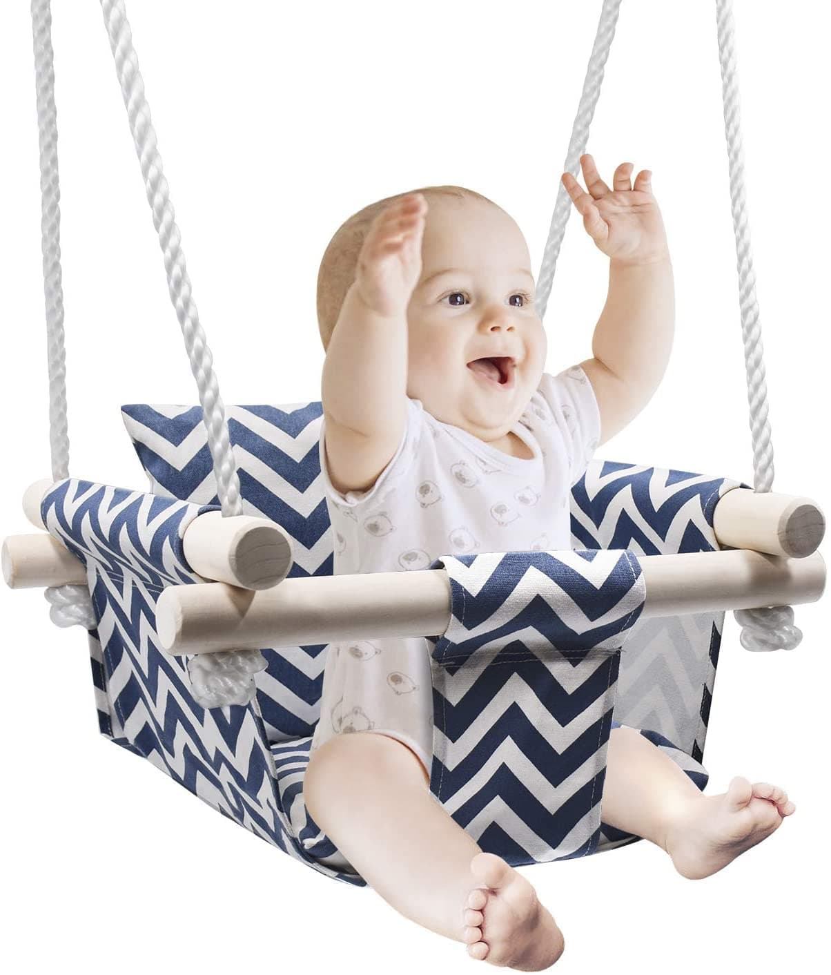 Secure Canvas and Wooden Baby Hanging Swing Seat Chair Indoor and Outdoor Hammock Backyard Outside Swing Kids Toys Swings 6-36 Months with Lace Décor Cushion and Natural Wooden Ring, Gray
