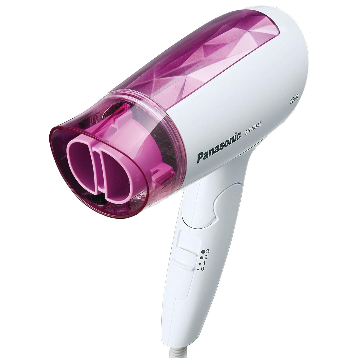 1200W Compact Hair Dryer, Foldable Portable Blow Dryer with Quick-Dry Nozzle, 3 Heat/Speed Settings, Lightweight Hair Blower for Travel & Home, EH-ND21, White/Pink