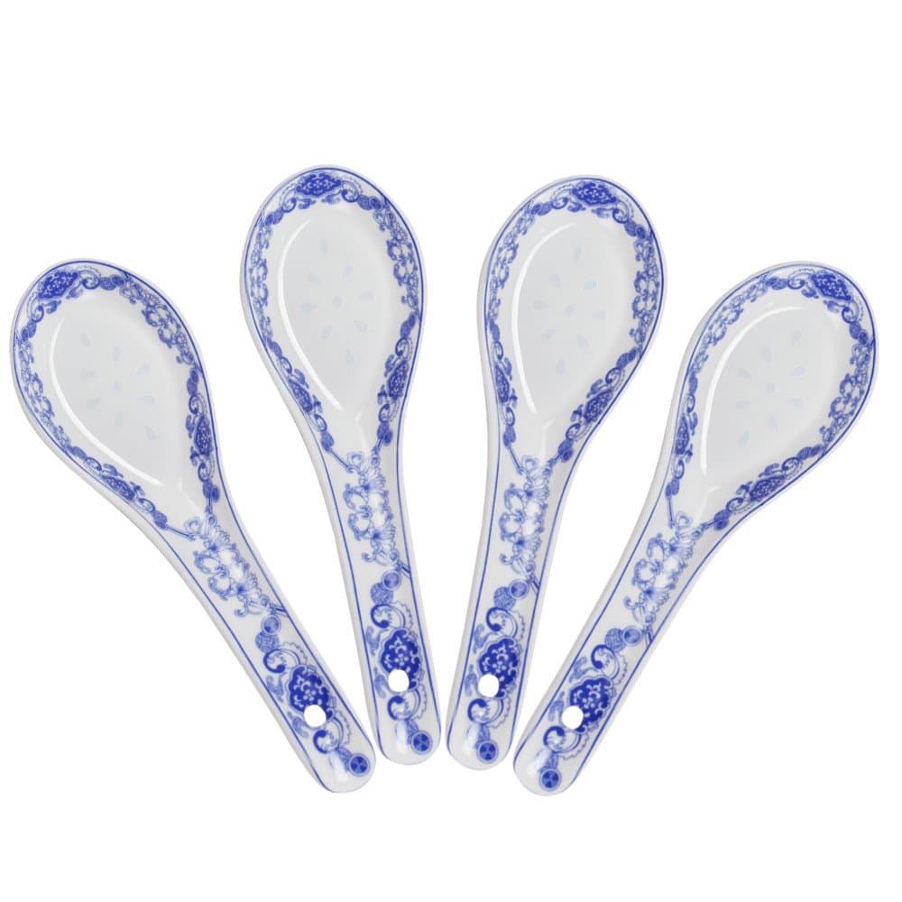 Porlien 5-inch Porcelain Chinese Knot Blue Floral Soup Spoons Set of 4