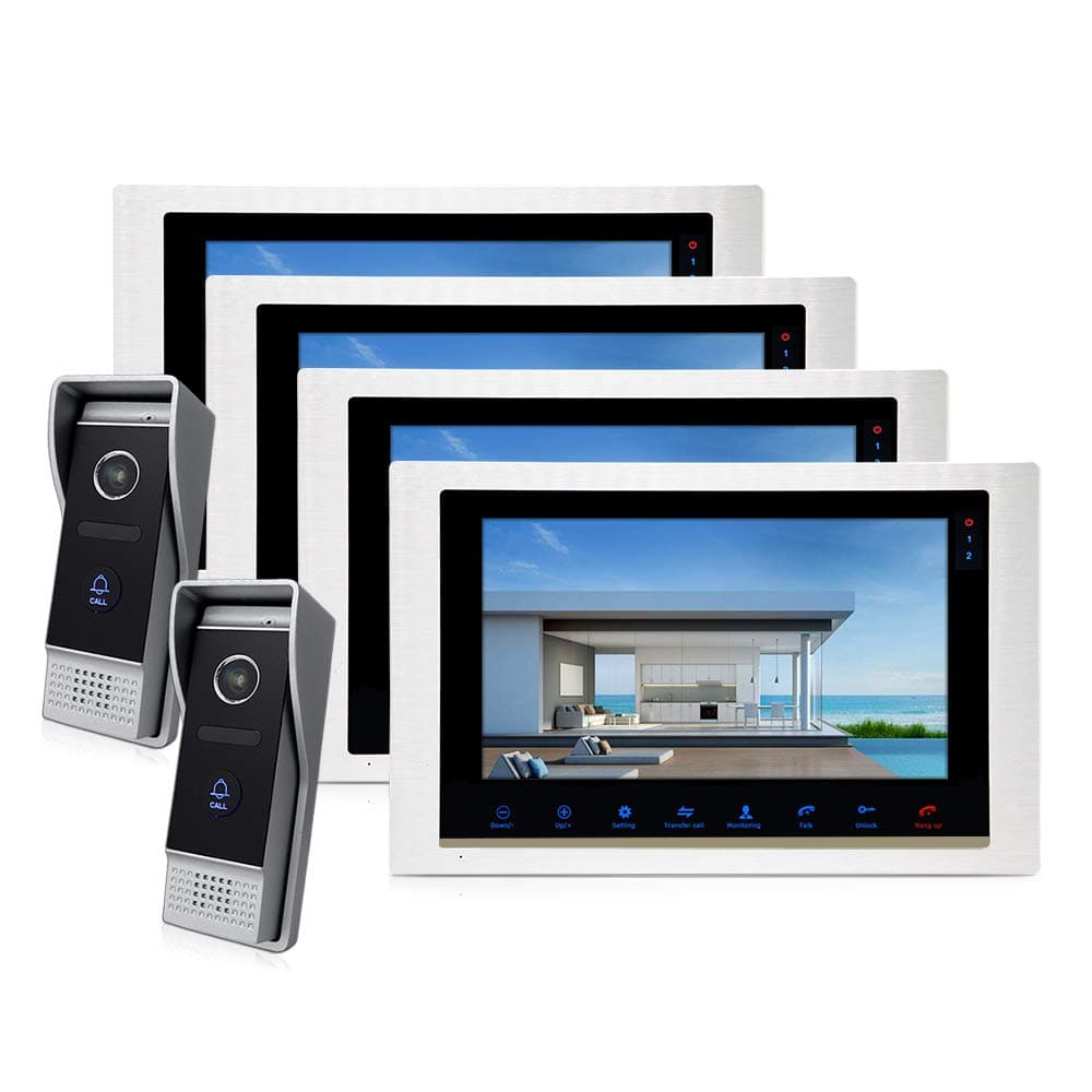 Jeatone Wired 7" LCD Monitor Video Door Phone Kits 4 Units Apartment Video Intercom Entry System Video Doorbell Support Monitoring Unlock Dual way Door Intercom IR Night Vision