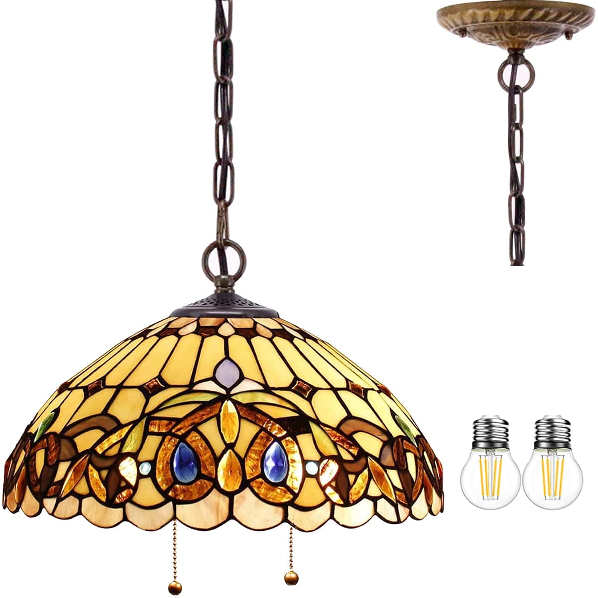 Tiffany Pendant Light Fixture Serenity Victorian Stained Glass Hanging Lamp Wide 16 Inch, Height 40 Inch S021 Series