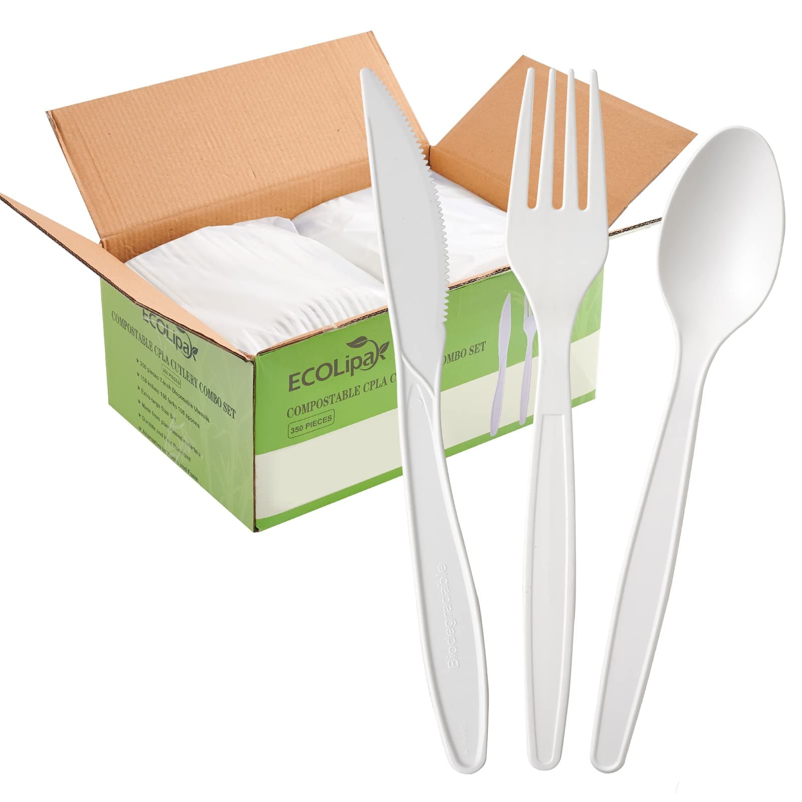 ECOLipak 350 Pcs Compostable Cutlery Set, 7 Inch Large Size Biodegradable Disposable Silverware Set 150 Forks 100 Spoons 100 Knives, Heavy Duty Bio based CPLA Utensils for Party, BBQ, Picnic