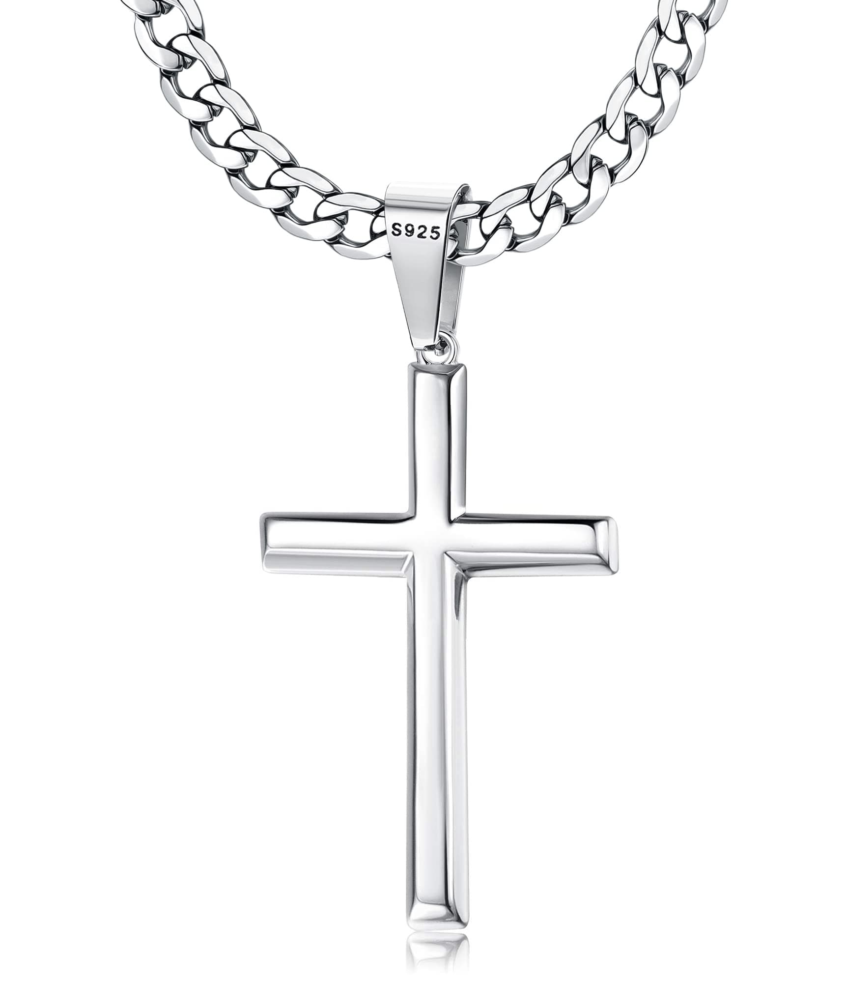 925 Sterling Silver Cross Necklace Beveled Edge for Men Women 5mm Stainless Steel Non Tarnish Durable Cuban Link Curb Chain Crucifix Pendant Necklace Jewelry 16-30 Inches Christian Baptism Gifts