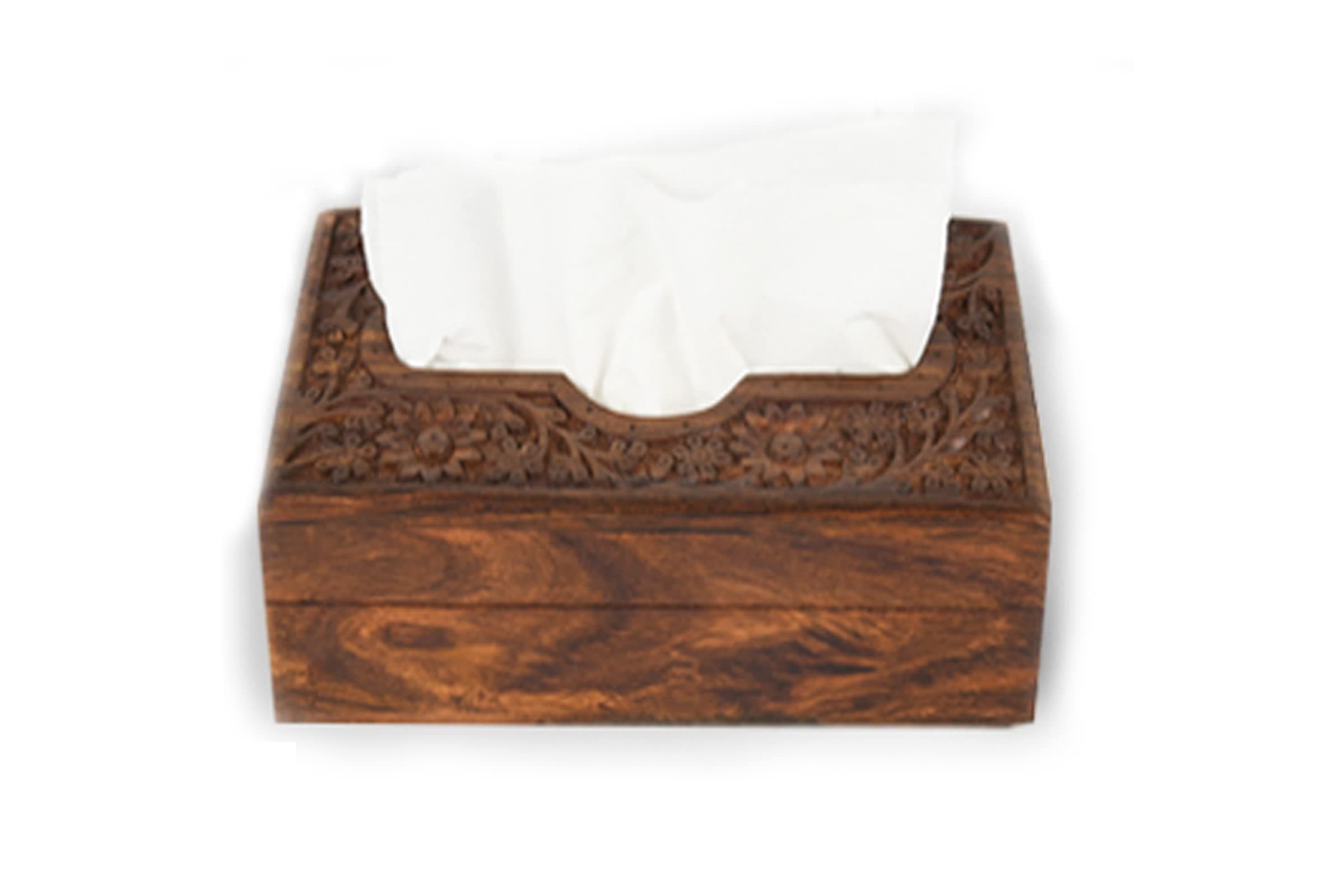 Zyntix Wooden Tissue Box Holder Cover 9x5 inch Napkin Holder Tissue Paper Holder for Dining Table Tissue Holder for Dining Table Napkin Holder Tissue Rack for Facial Napkins(Full Carving)
