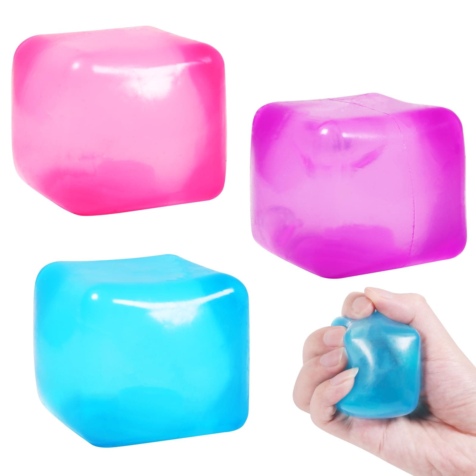 3pack Stress Cube Squishy Stress Balls for Adults Kids Fidget Toy for Your Best Mellow and Chill -Ice Cubes-Square Shape with Filling in Pink Purple Blue (3pcs Cube )