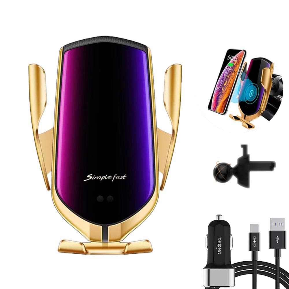 DHong Smart in-Car Mobile Phone Holder IR Sensor Automatic Clamping Plus 10W Qi Wireless Fast Charging Car Charger Compatible for iPhone Xs/Max/XR/8/8 Plus/Galaxy S9/S9+/S8/S8+/Note9/S7 (Gold)