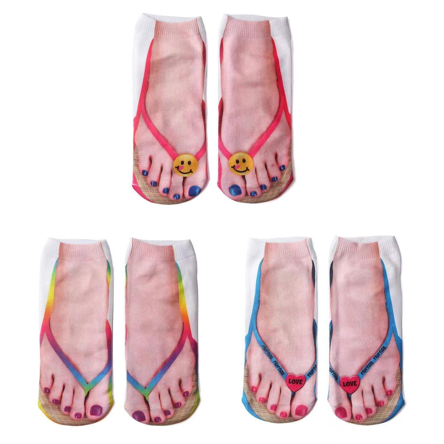 Flip Flop Funny 3D Print Girls Foot Socks - Women's No Show Socks, 3 Pairs (6-10)