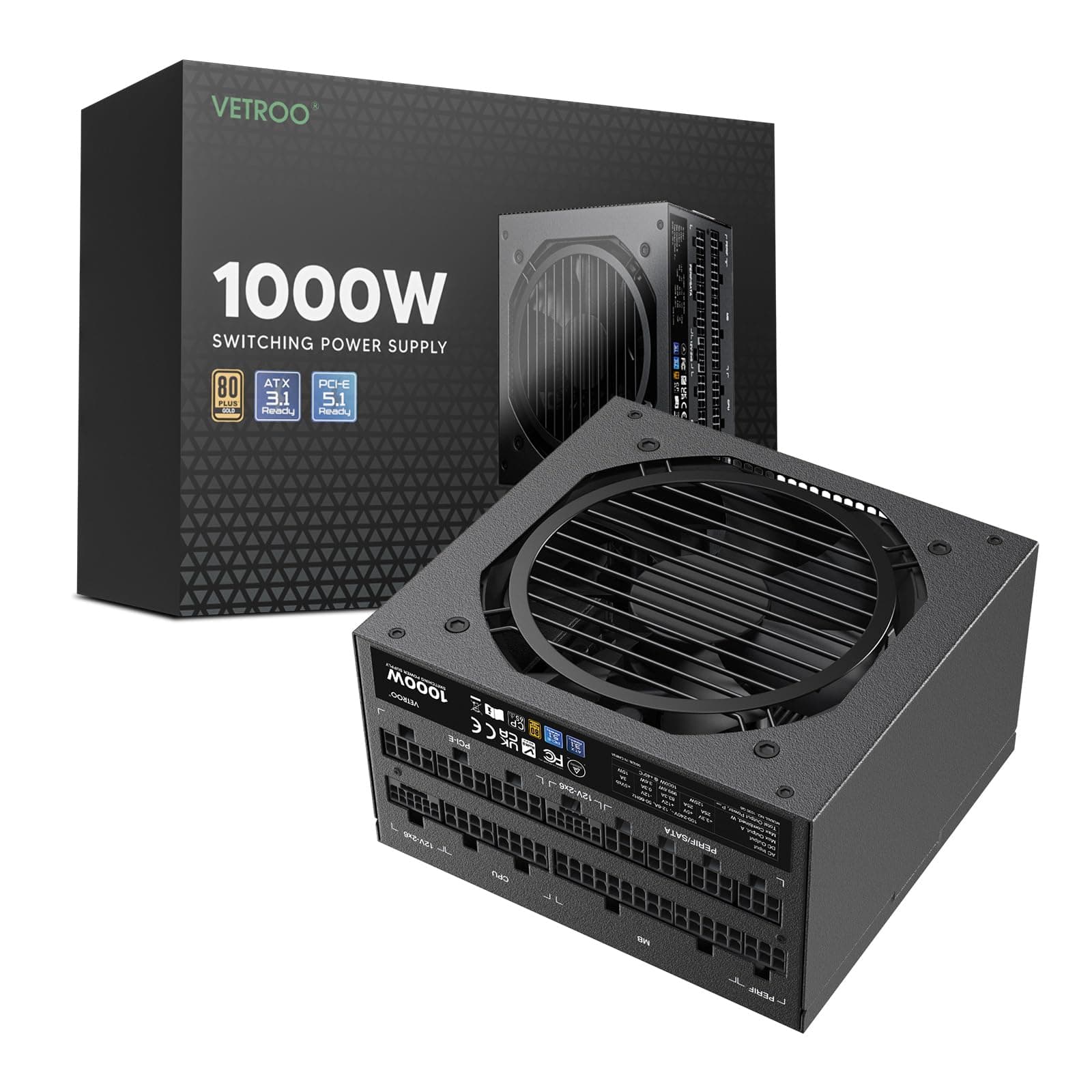 - 1000W Black Power Supply ATX 3.1 Ready Dual PCIe 5.1, 80 Plus Gold Full Modular, Eco Mode with 120mm FDB Fan, Compact Size, 10 Year Warranty for Gaming PC