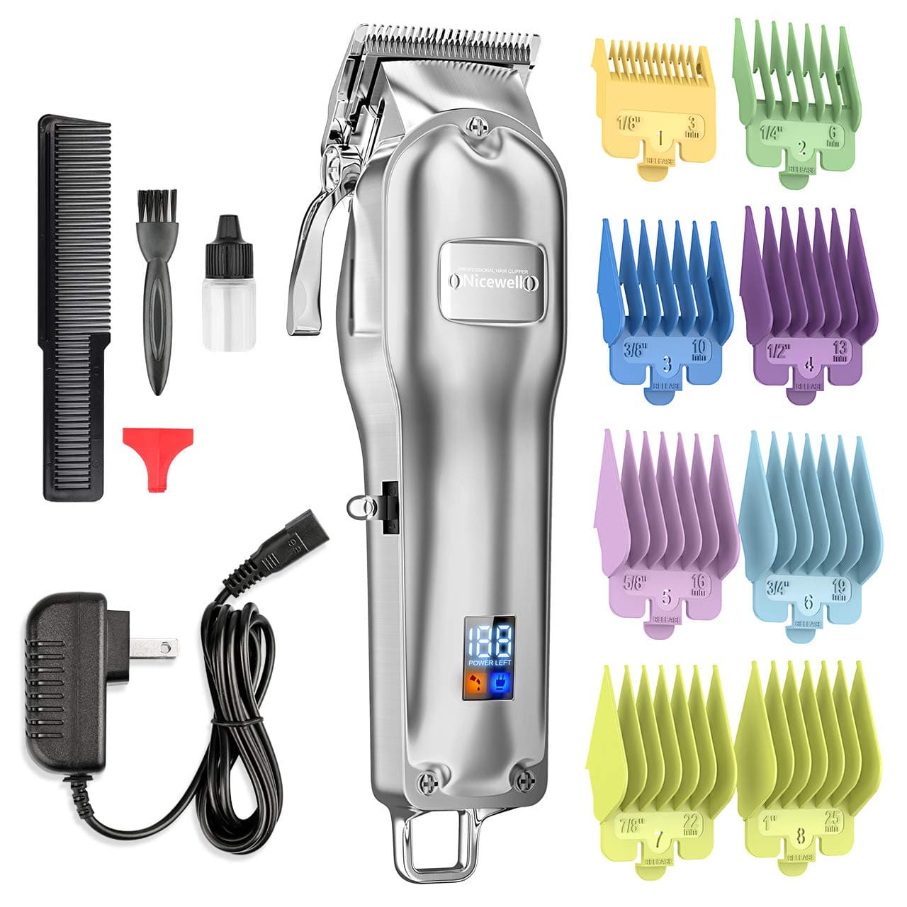 Nicewell Hair Clippers Men's Cordless Hair Trimmer Rechargeable Haircut Kit for Barber and Home Use, LED Display, with 8-piece Guard Attachments