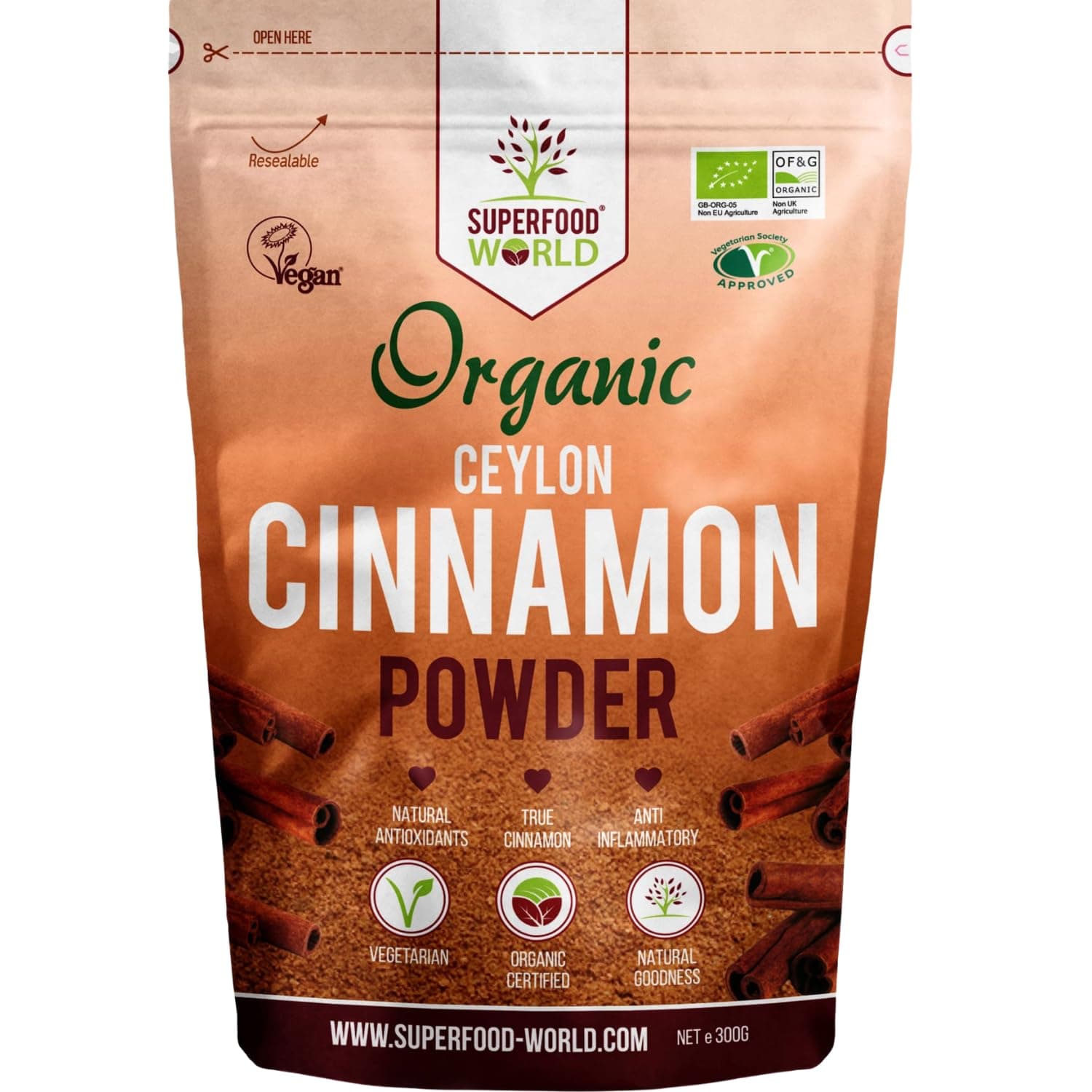 Organic Ceylon Cinnamon Powder 300g - Premium Quality True Organic Certified Ceylon Cinnamon - Powerful Natural Superfood Spice Ideal Powdered Seasoning for Cooking, Desserts, Tea & Treats