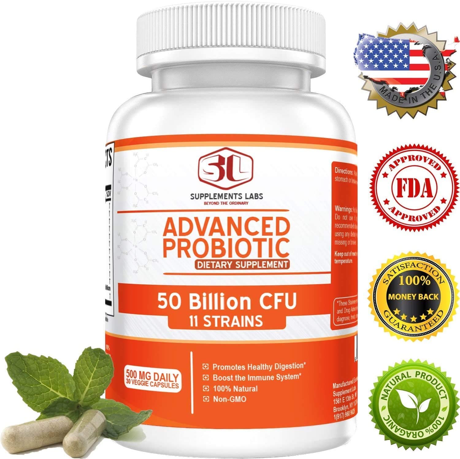 Advanced Probiotic 50 Billion CFU & 11 Strains Organisms Per Serving, Stomach Acid Resistant, Non-GMO, Gluten Free, Veggie, Patented Prebiotic Supplement for Men & Women, No Refrigeration Required
