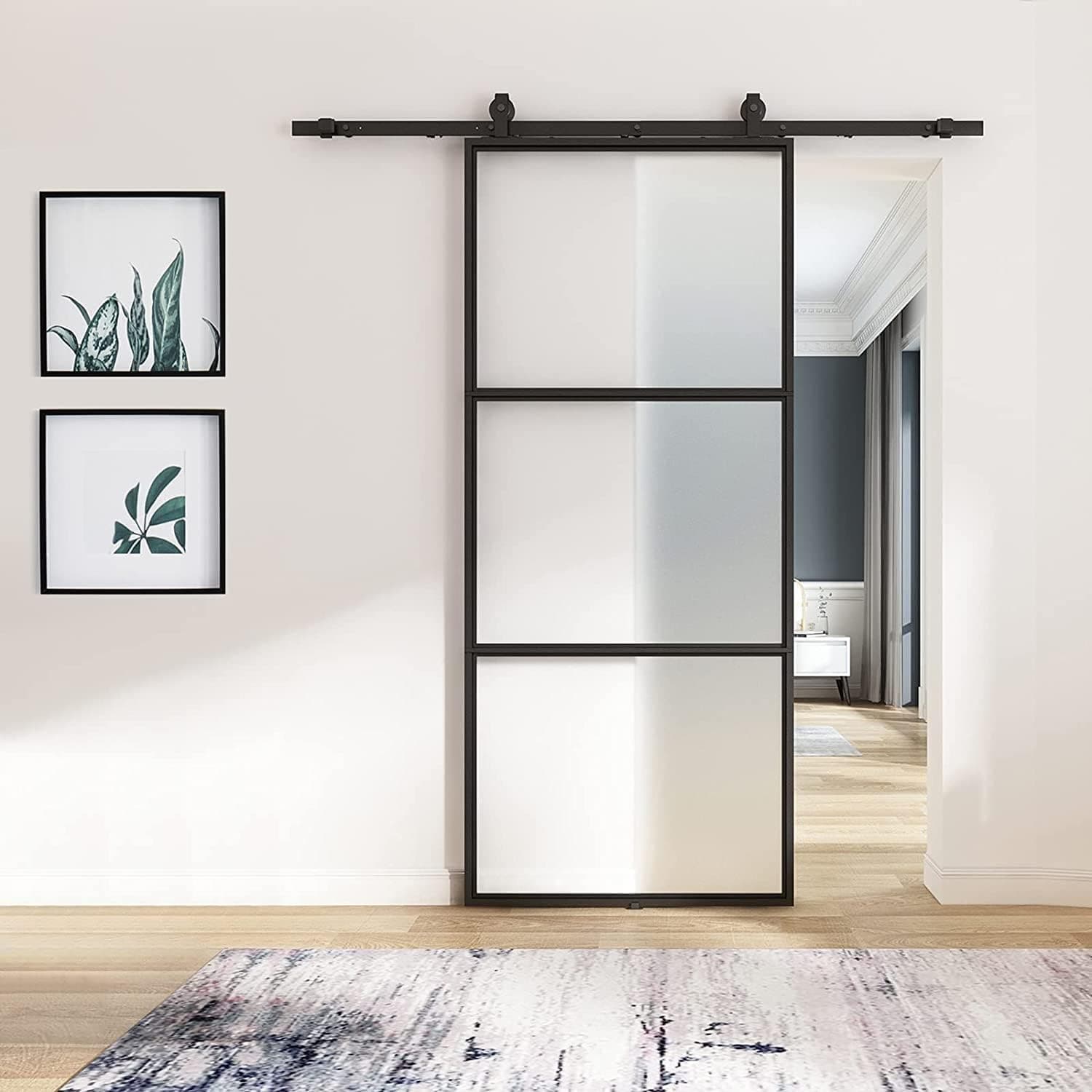 - 36in x 84in Frosted Glass Barn Door with 6FT Top Mounted Hardware kit Include Soft Close Mechanism Black Carbon Steel Tempered Frosted Glass Sliding Door, Assemble Required Easy Installation