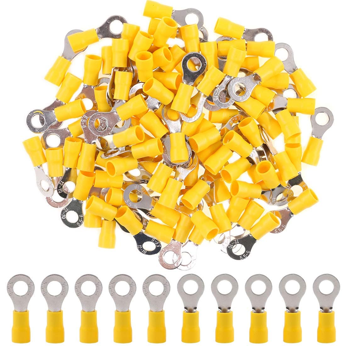Hilitchi (Yellow - M6) - 100Pcs 12-10AWG Insulated Terminals Ring Electrical Wire Crimp Connectors (Yellow - M6) (Yellow - M6)