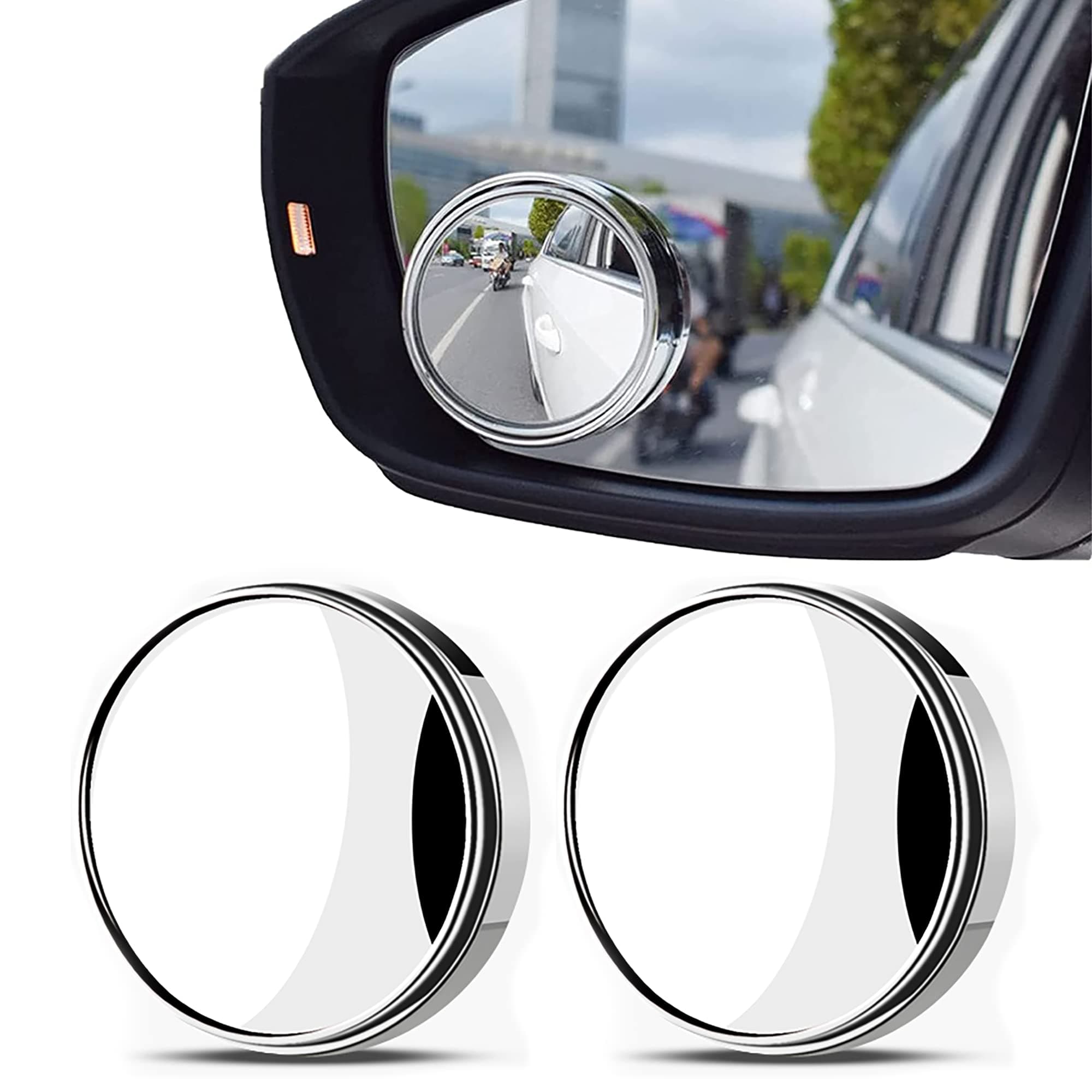 IRYNA 2 Pcs Blind Spot Mirrors, 360° Rotate Sway Silver Round Curved Convex Outside Wide Angle Mirror, Waterproof HD Crystal Glass Blindspot Mirrors For Car, SUV Trucks Traffic Safety