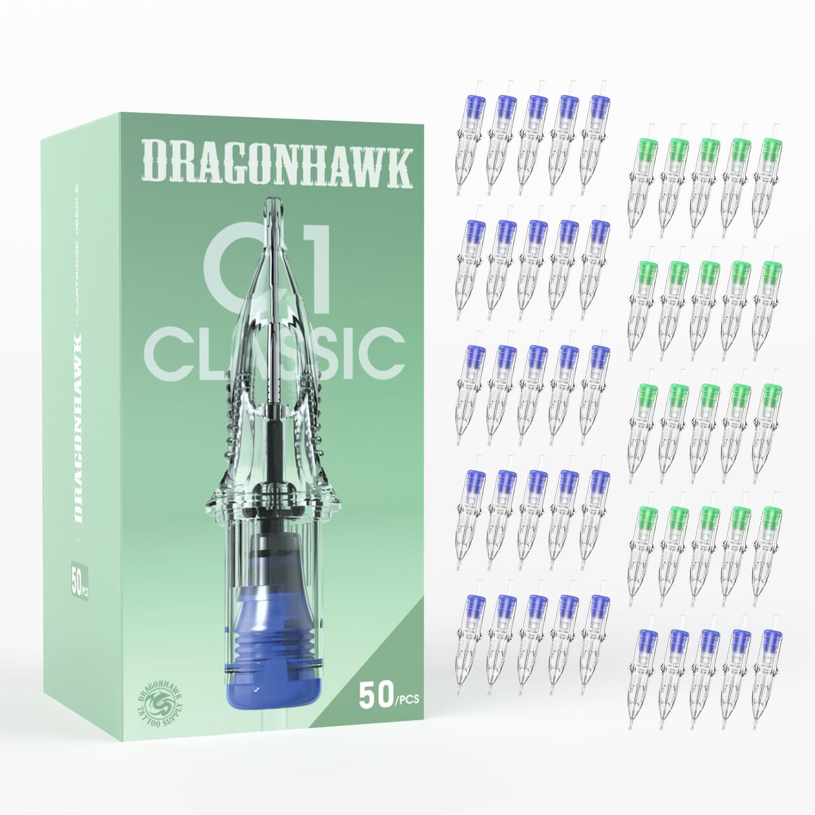 Dragonhawk Extreme Tattoo 50Pcs Cartridges Needles Mixed Sizes 1003RL 1005RL 1007RL 1205RS 1207RS EX-3 (#10RL+12RS-50PCS)